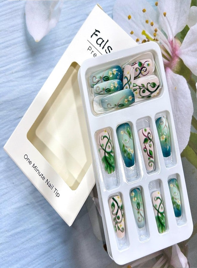 CJDLTS Green Press on Nails Medium Ballet Shaped Green Vine False Nail Spring Manicure Acrylic Glossy Glue on Nails Press Ons Fingernails Full Cover Artificial Stick on Nail for Women 24Pcs - Image 4